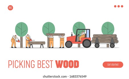 Sawmill Concept. Process Of Cutting, Transportation Trees. Website Landing Page. Workers Are Working In The Forest With Working Tools. Cartoon Linear Outline Flat Style. Vector Illustrations