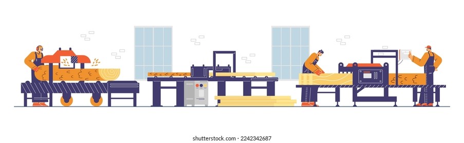 Sawmill conveyor industrial electric machinery with workers characters cutting trunks and logs, flat cartoon vector illustration isolated on white background.