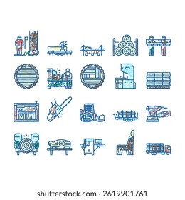 Sawmill Cut Service Collection doodle icons set vector. Sawmill Equipment For Cutting Wooden Timber Machine For Crushing Wood Tree sketch hand drawn