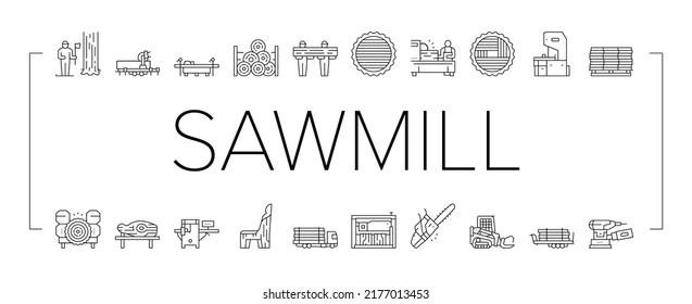 Sawmill Cut Service Collection Icons Set Vector. Sawmill Equipment For Cutting Wooden Timber And Machine For Crushing Wood Tree Black Contour Illustrations