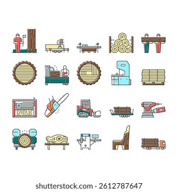 Sawmill Cut Service Collection Icons Set Vector. Sawmill Equipment For Cutting Wooden Timber And Machine For Crushing Wood Tree Concept Linear Pictograms. Contour Color Illustrations