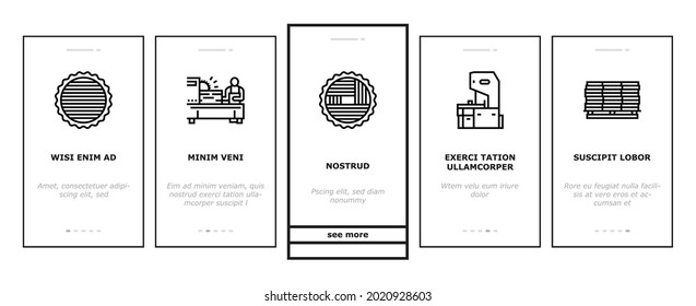 Sawmill Cut Service Onboarding Mobile App Page Screen Vector. Sawmill Equipment For Cutting Wooden Timber And Machine For Crushing Wood Tree Illustrations