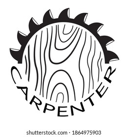 
Лесопилка эмблема. Sawmill emblem. Inscription in English carpenter. Wood texture. Silhouette of cutters for wood. Vector icon.