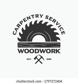 Sawmill emblem logo vector for carpentry, woodworkers, lumberjack, sawmill service.Isolated on white background