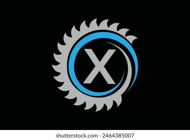 Vector con logotipo de emblema de serrería para carpintería, con posterior X