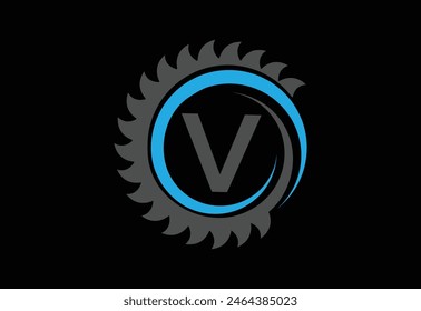 Sawmill emblem logo vector for carpentry,with latter V