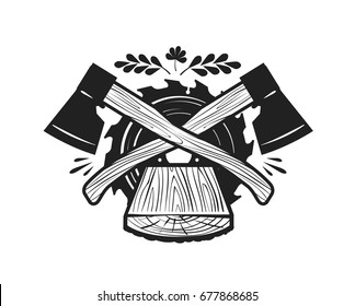 Sawmill, felling logo. Woodwork, joinery, carpentry icon or label. Vector illustration