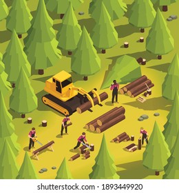 Sawmill in forest with lumberjacks working with wood and transporting logs 3d isometric vector illustration