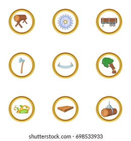 Sawmill icon set. Cartoon style set of 9 sawmill vector icons for web isolated on white background