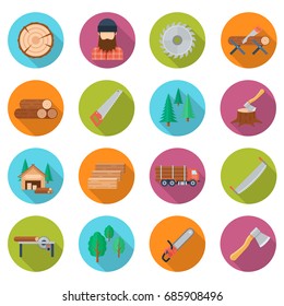 Sawmill Icon Set. Lumber Mill, Logs Cut Industry, Forest Equipment And Tools, Wood Crafting Service. Vector Flat Style Illustration Isolated On White Background