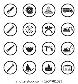 Sawmill Icons. Black Flat Design In Circle. Vector Illustration.