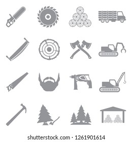 Sawmill Icons. Gray Flat Design. Vector Illustration.
