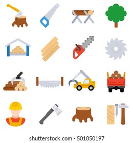 Sawmill, icons set. Woodworking, flat design. work lumberjack, symbols collection. Tree cutting, transport and storage timber, isolated vector illustration. lumber industry 