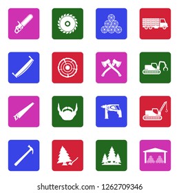Sawmill Icons. White Flat Design In Square. Vector Illustration.