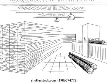 Sawmill interior graphic black white sketch illustration vector