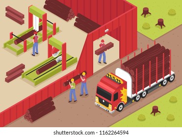 Sawmill isometric background with male workers unloading logs from truck for cutting and woodworking vector illustration 