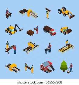 Sawmill isometric icons set of woodworking machinery working loggers and vehicles for timber transportation isolated vector illustration