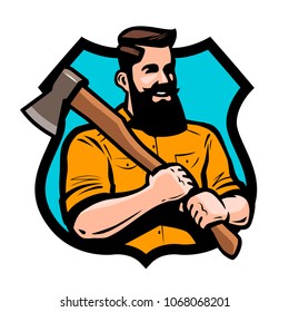 Sawmill, joinery, carpentry logo or label. Lumberjack holding axe his hands. Cartoon vector illustration