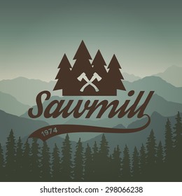 sawmill label on mountain background