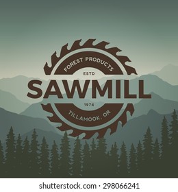 sawmill label on mountain background