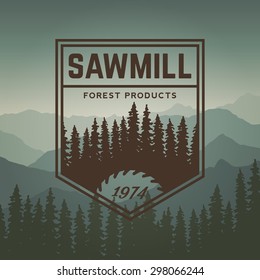 sawmill label on mountain background