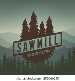 sawmill label on mountain background