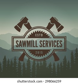 sawmill label on mountain background