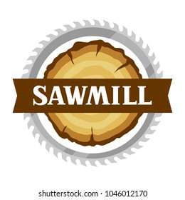 Sawmill label with wood stump and saw. Emblem for forestry and lumber industry.