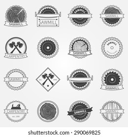 Sawmill labels and badges - vector set of dark sawmill or carpentry logo or emblems 