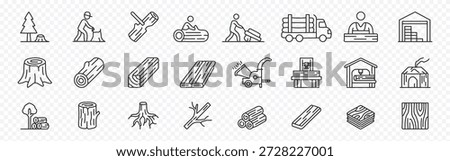 Sawmill, logging, timber and wood industry icon set – editable outline symbols of tree stump, lumberjack, log, plank and warehouse
