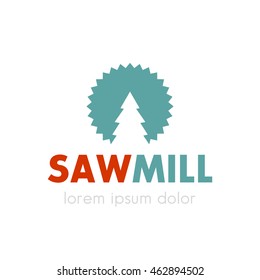 Sawmill logo design, circular saw and tree outline, vector illustration