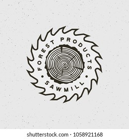 sawmill logo. retro styled woodwork emblem, badge, design elements, logotype template. vector illustration