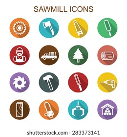 sawmill long shadow icons, flat vector symbols