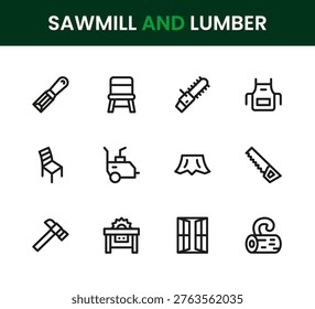 Sawmill and lumber icon set. Modern minimalist line icon bundle featuring timber processing tools, wood cutting elements, forestry equipment, detailed industrial symbols and clean visual style
