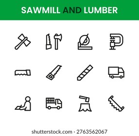 Sawmill and lumber icon set. Modern simple line icon pack designed with timber industry visuals, cutting equipment, wood processing icons, minimal forms and clear readability
