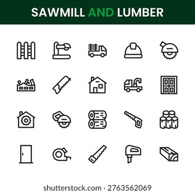 Sawmill and lumber icon set. Professional sleek line icon pack presenting timber processing icons, wood industry tools, forestry visuals, clear symbols and premium visual style
