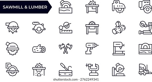Sawmill and Lumber Industry Line Icon Set. Woodcutting, Timber Processing and Forestry Outline Icons, Editable Stroke, Pixel Perfect Vector