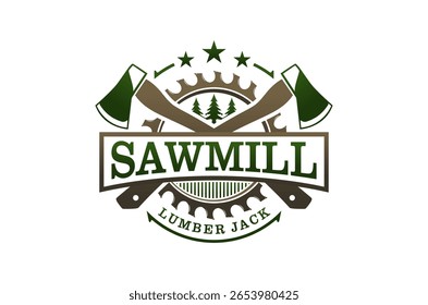 Sawmill Lumber Jack logotipo design.  Eixos, serra circular e imagens de florestas. Carpenter logging Ilustração vetorial.