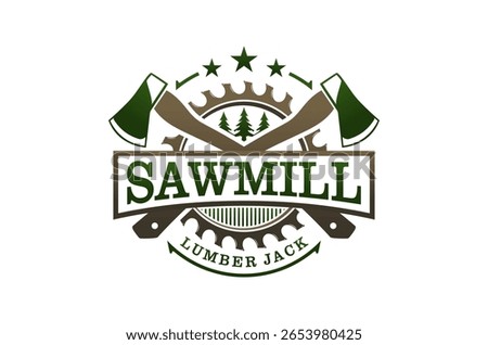 Sawmill Lumber Jack logo design.  Axes, circular saw, and forest imagery. Carpenter logging Vector illustration.