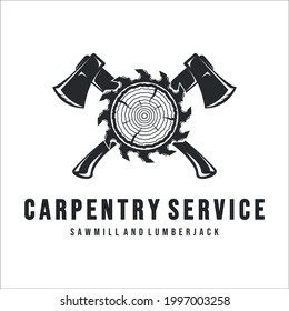 sawmill and lumberjack logo vintage vector illustration icon template design. carpentry tool and equipment logo for professional carpenter company logo concept emblem design
