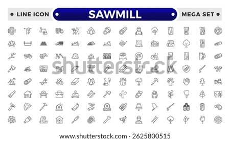Sawmill outline icon set. Logging, sawmill, icon set. Lumber, lumberjack, linear icons. Wood production.
