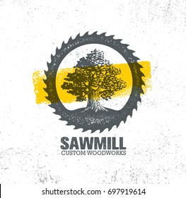 Sawmill Reclaimed Wood Artisan Carpentry Creative Rough Design Element On Grunge Background. Old Oak Tree Vintage Illustration.