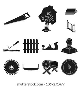 Sawmill and Timber black icons in set collection for design. Hardware and Tools vector symbol stock web illustration.