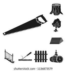 Sawmill and Timber black icons in set collection for design. Hardware and Tools vector symbol stock web illustration.