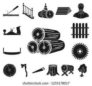 Sawmill and Timber black icons in set collection for design. Hardware and Tools vector symbol stock web illustration.