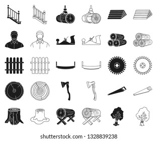 Sawmill and Timber black,outline icons in set collection for design. Hardware and Tools vector symbol stock web illustration.