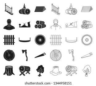 Sawmill and Timber black,outline icons in set collection for design. Hardware and Tools vector symbol stock web illustration.