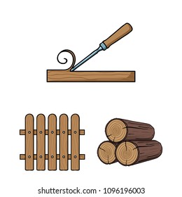 Sawmill and Timber cartoon icons in set collection for design. Hardware and Tools vector symbol stock web illustration.