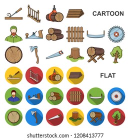 Sawmill and Timber cartoon icons in set collection for design. Hardware and Tools vector symbol stock web illustration.