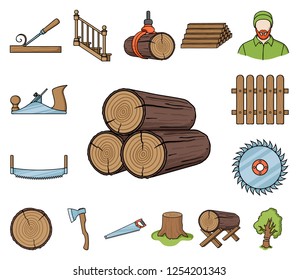 Sawmill and Timber cartoon icons in set collection for design. Hardware and Tools vector symbol stock web illustration.